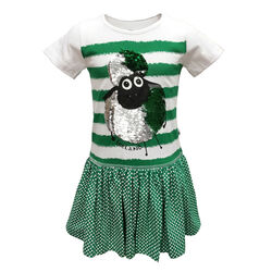 Traditional Craft Kids White/Emerald Green Stripe 2 Way Sequin Sheep Kids Dress   1/2