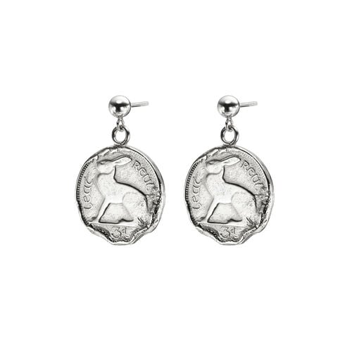 Hare 3 Pence Coin Drop Silver Earrings