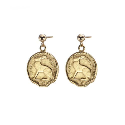 Hare 3 Pence Coin Drop Silver Earrings 18ct
