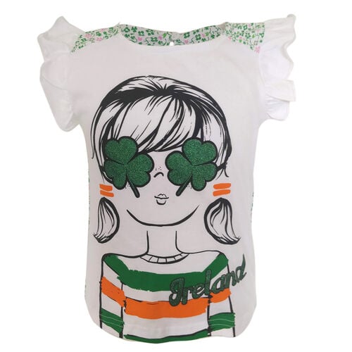 Irish Memories Irish Memories Girls White Shamrock Glasses T-Shirt  3/4